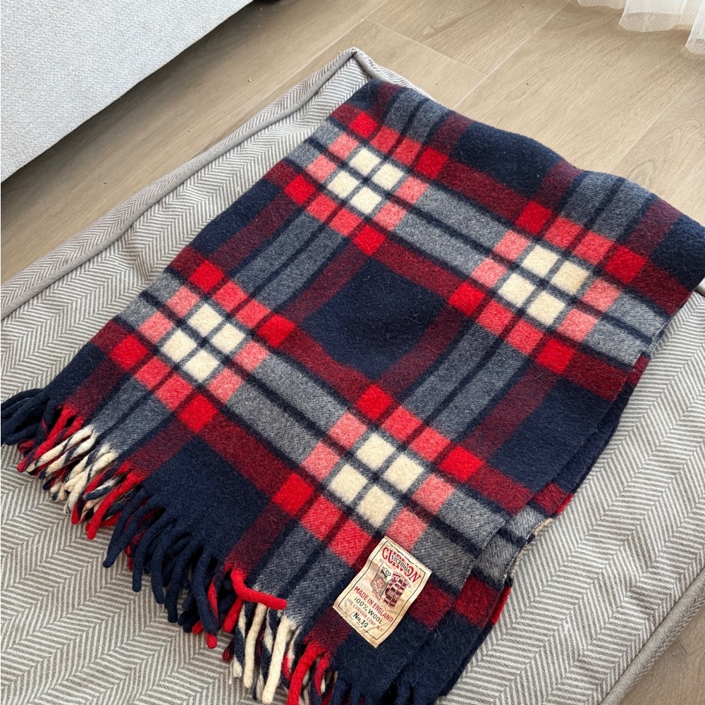 Vintage Plaid 100% Wool Blanket with Fringe